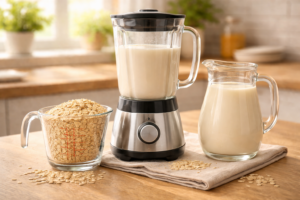 A kitchen counter with a blender making fresh oat milk next to rolled oats.
