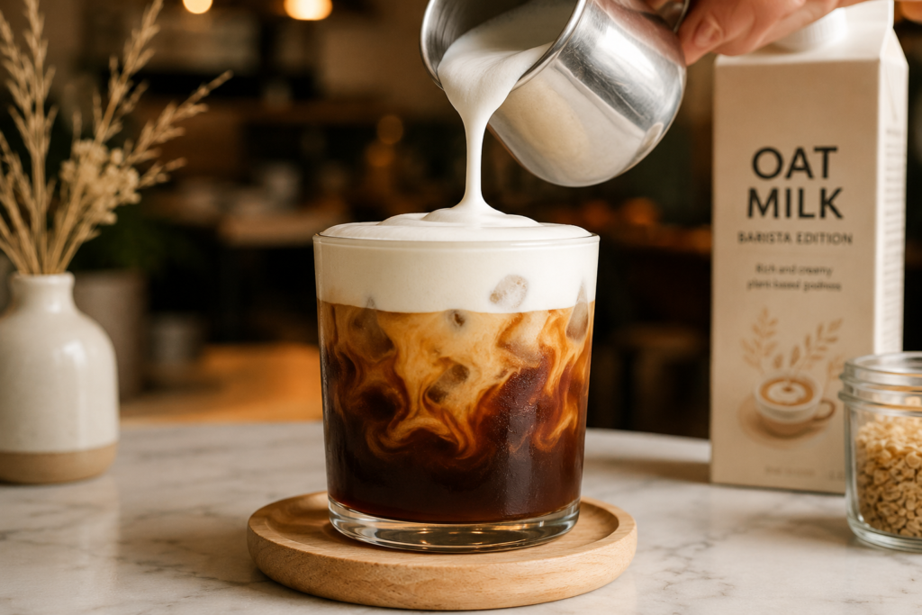 Pouring thick white oat milk cold foam over a clear glass of iced coffee.