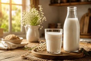 Fresh cow milk in a glass bottle on a kitchen table with sunlight