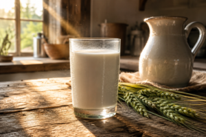 A cold glass of fresh cow milk on a rustic kitchen table with sunlight.