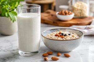 A fresh glass of cold cow milk on a marble kitchen counter with oatmeal and almonds in morning light.