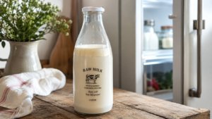 A fresh glass bottle of raw milk on a rustic kitchen table showing the cream line for 2026 storage guide.