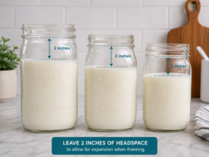 Proper headspace in glass jars for freezing raw milk safely without breaking the glass.