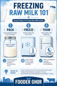Fooder Ghor infographic showing the 3 steps to freeze and thaw raw milk correctly.