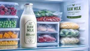 Freezing raw milk in a glass bottle for long-term storage and preservation.