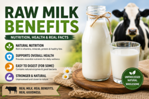 A scenic panoramic shot of fresh raw milk in a glass on a sunlit farm, representing the natural health benefits of raw milk.