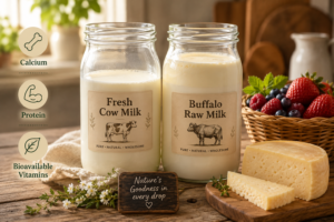 A rustic kitchen setting showing fresh buffalo and cow raw milk, highlighting the diverse raw milk nutrients and benefits.