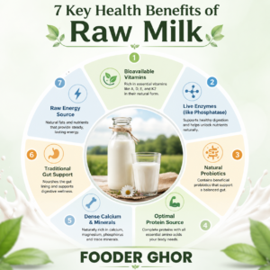 Fooder Ghor infographic summarizing the 7 key health benefits of raw milk including vitamins, minerals, and probiotics.
