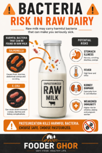 Fooder Ghor guide: An educational infographic comparing Salmonella and E. Coli bacteria found in contaminated raw milk and their digestive side effects.