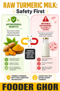 Fooder Ghor infographic: Explaining why raw turmeric milk can still cause side effects due to invisible bacteria in unpasteurized raw dairy.