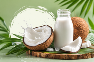 What is coconut milk in a clear glass bottle next to a cracked coconut