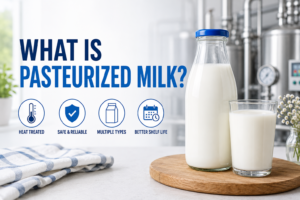 Fooder Ghor educational chart detailing the nutritional facts and safety of pasteurized cow milk.