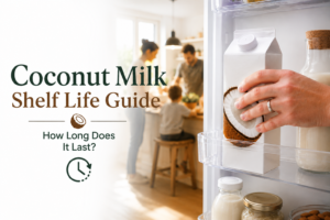 Fresh carton of coconut milk being put into a clean home refrigerator