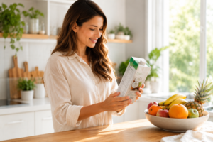 A young mother checking coconut milk nutrition facts on a carton in a bright kitchen