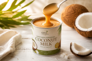 An open can of rich sweetened condensed coconut milk with thick syrup on a spoon.