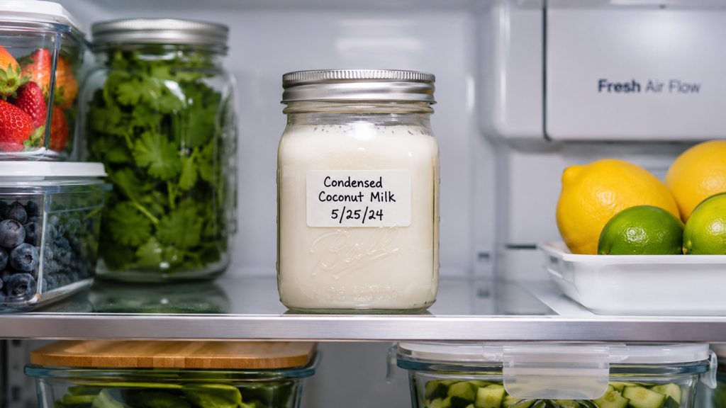 A sealed glass jar of leftover condensed coconut milk stored safely inside a clean refrigerator.