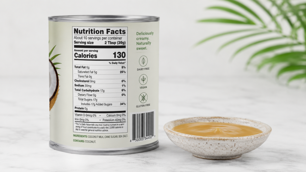 Nutrition facts label on a commercial can of sweetened condensed coconut milk.