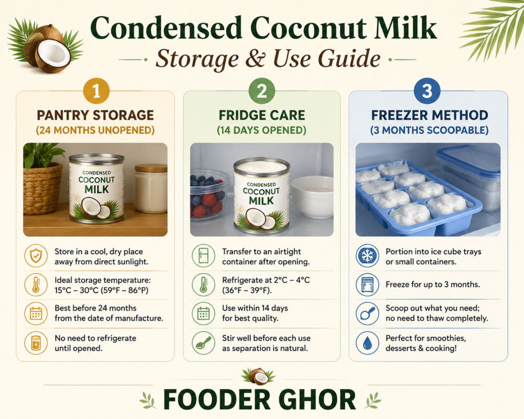 Infographic storage chart for condensed coconut milk by Fooder Ghor.