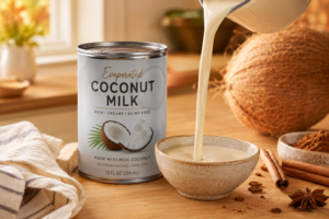 An open can of creamy evaporated coconut milk being poured into a bowl on a kitchen counter.