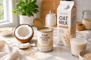 A selection of plant-based dairy-free evaporated milk alternatives on a kitchen counter.