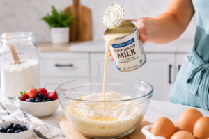 An open can of lactose free evaporated milk being poured into a baking bowl.