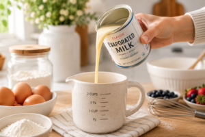 An open can of rich creamy evaporated milk pouring into a kitchen measuring jug.