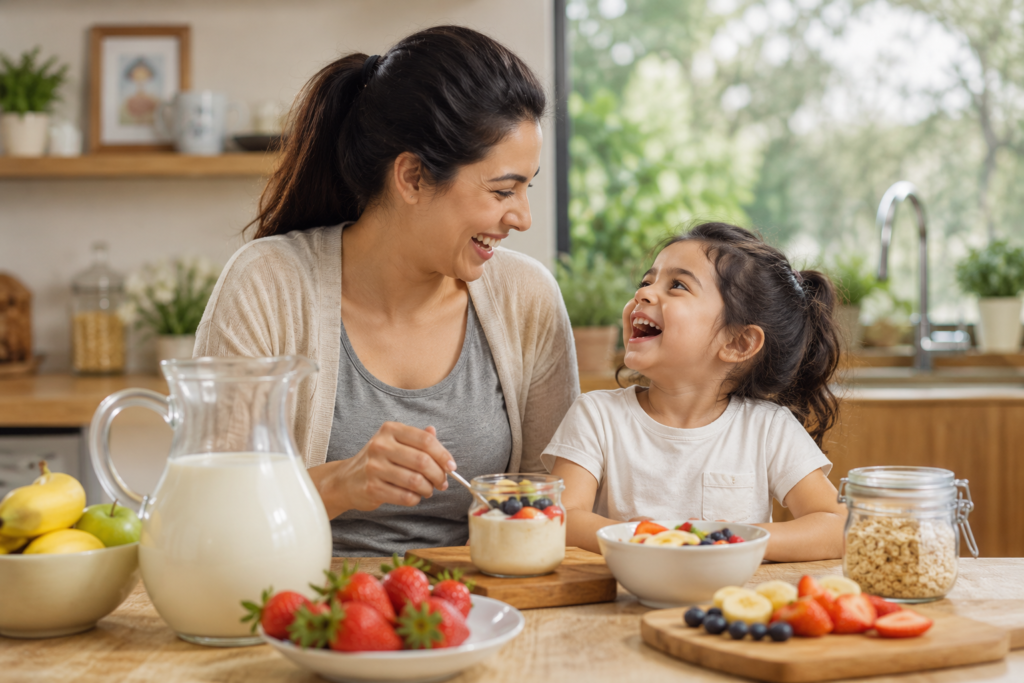 A happy parent focusing on healthy nutrition for her child in a bright home kitchen.