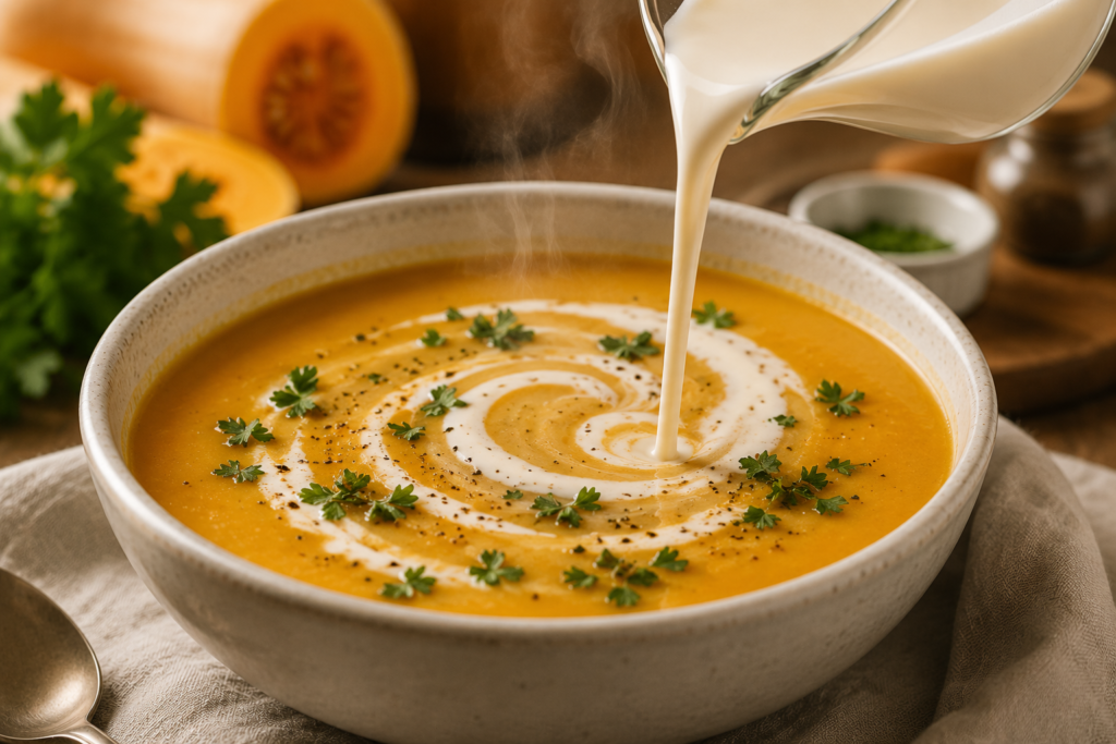 Swirling healthy fat-free evaporated milk into a nutritious homemade vegetable soup.