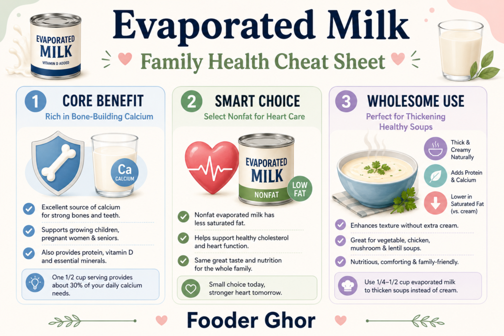 Educational lifestyle infographic guide for healthy evaporated milk by Fooder Ghor.