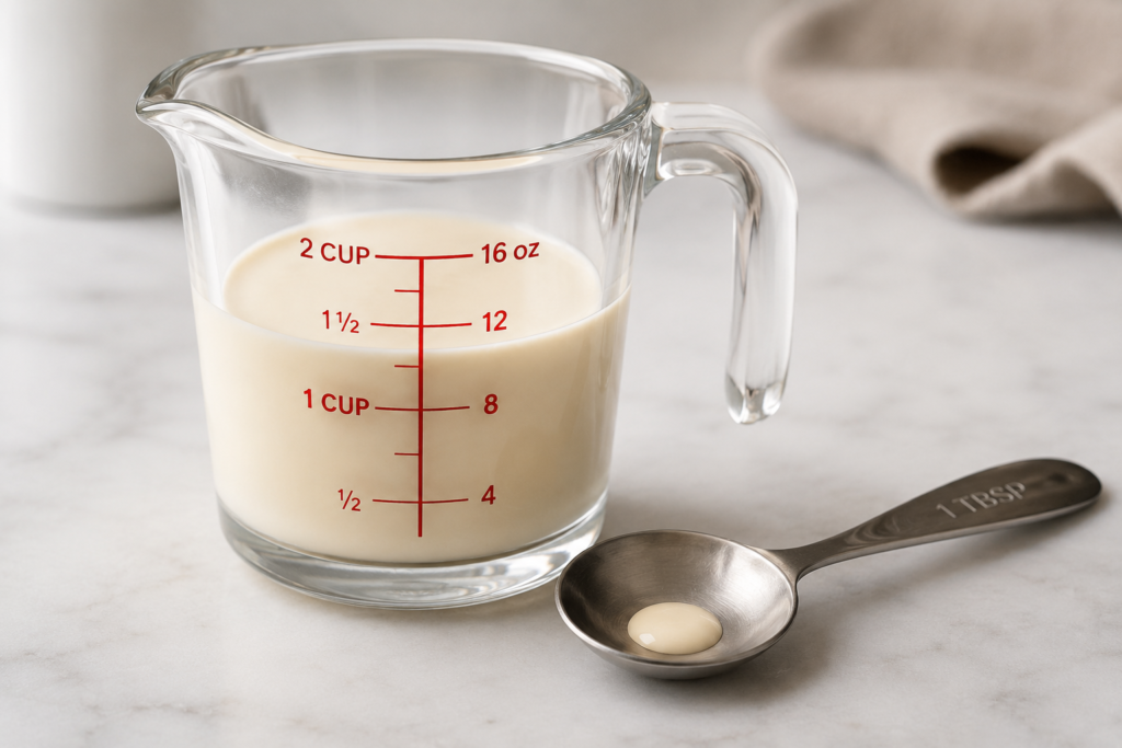 Measuring one cup and a tablespoon of evaporated milk for precise calorie tracking.