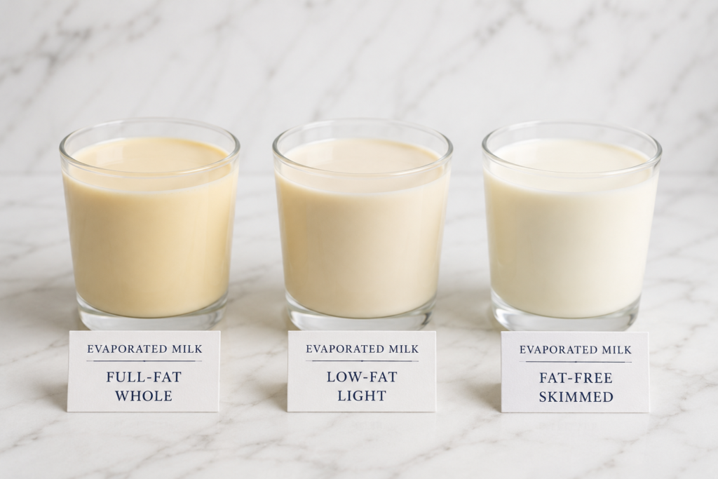 Visual comparison of whole, light, and fat-free evaporated milk variants.