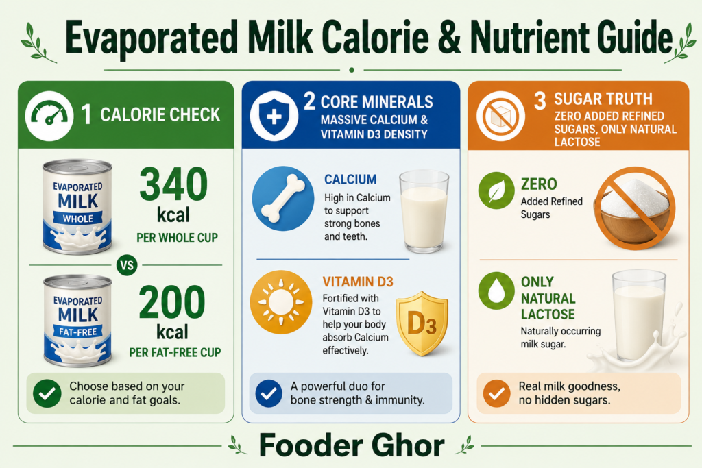 Educational infographic guide decoding evaporated milk calories and nutrition facts by Fooder Ghor.