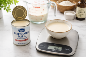 A nutritional setup of evaporated milk with a digital scale on a kitchen counter.