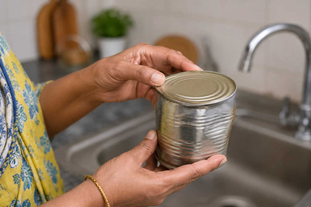 A parent inspecting a bulging container of expired dairy for spoilage gases.