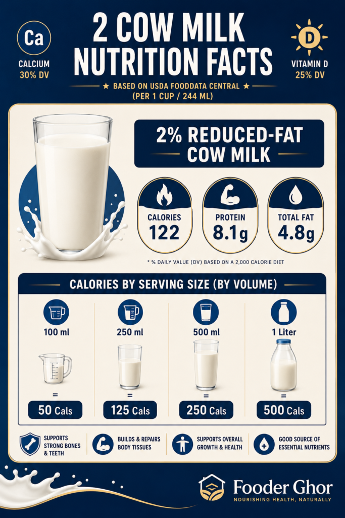 Comparison chart infographic by Fooder Ghor for whole milk vs 2% milk vs skim milk nutrition