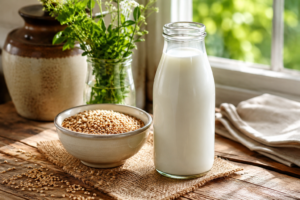 Fresh glass bottle of raw milk showing rich nutrition details on a wooden kitchen table.