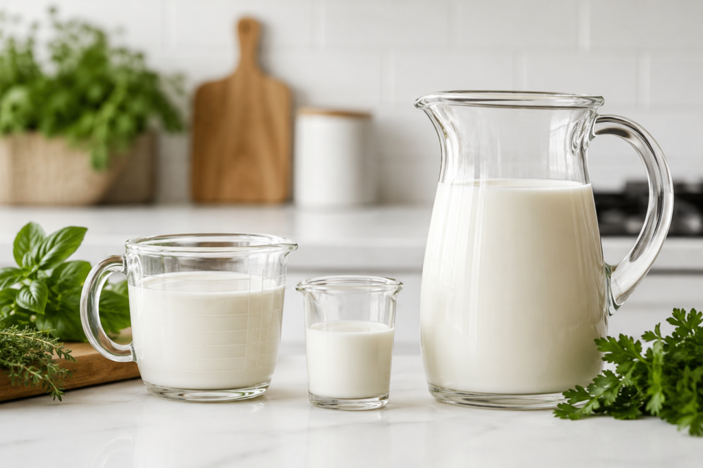Different kitchen measurements of raw milk to show volume calorie counts.
