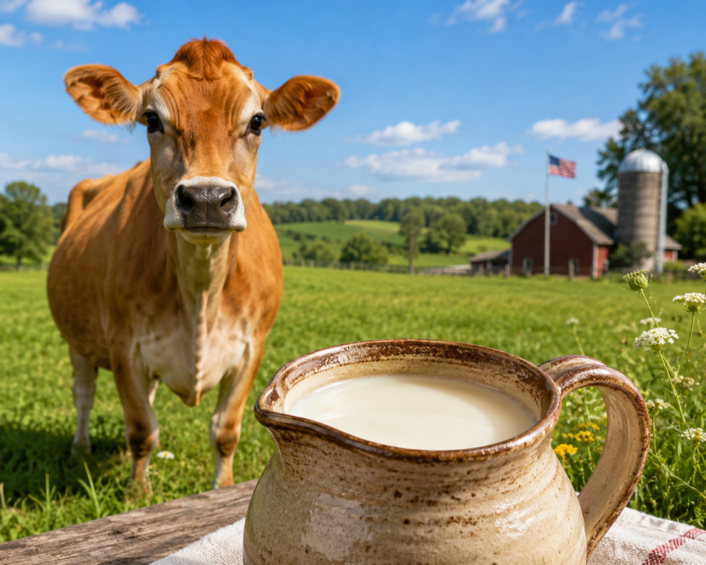 A happy Jersey cow on a green farm pasture producing high fat raw milk.
