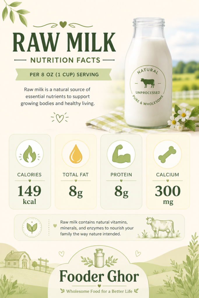 Fooder Ghor comprehensive raw milk nutrition facts and calorie count infographic.