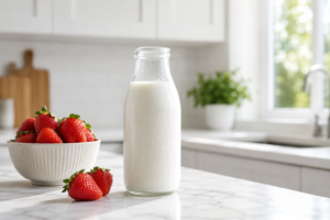 A clear glass bottle of fresh skim milk on a marble kitchen counter representing a healthy breakfast.