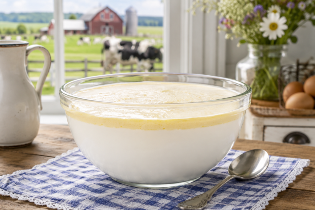 Cream rising naturally to the top of whole milk during the traditional skimmed milk making process.