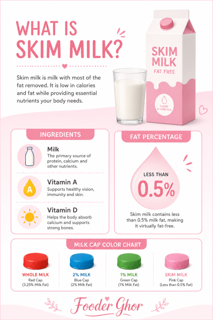Fooder Ghor ultimate milk cap color coding and skim milk nutrition infographic.