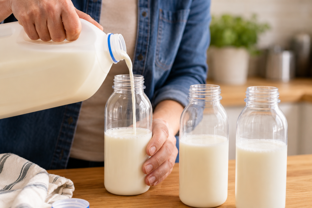 Leaving headspace in plastic bottles when preparing milk for freezer storage.