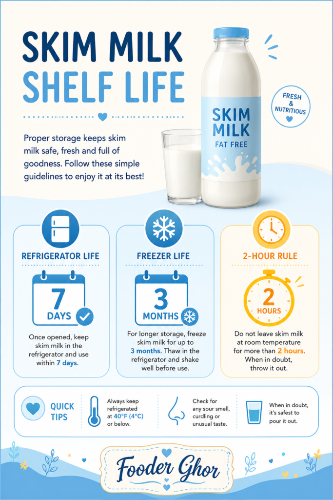 Fooder Ghor comprehensive skim milk freezer duration and refrigerator timeline infographic.