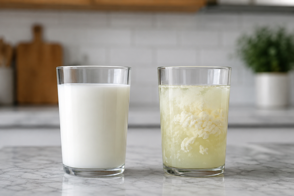 Comparing fresh dairy with curdled spoiled liquid to identify expired milk.