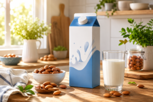 A clear kitchen setup showing a carton of skim milk representing dietary and lactose facts.