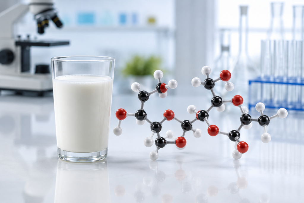 A glass of fat-free dairy next to an artistic representation of milk sugar molecules.