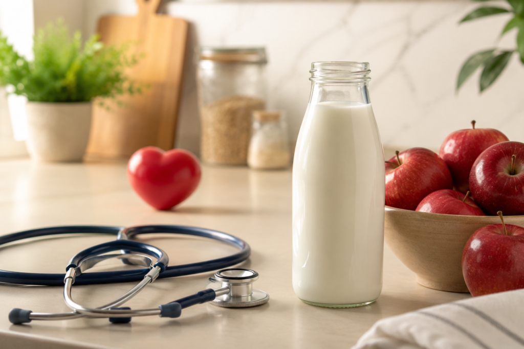 A fresh bottle of skim milk on a counter alongside heart health symbols like apples and a stethoscope.