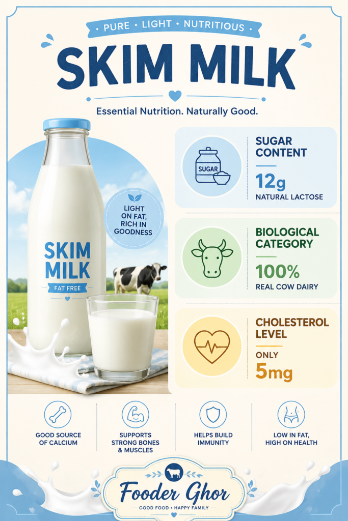 Fooder Ghor ultimate skim milk lactose, sugar, and cholesterol facts infographic.