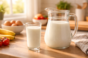 A fresh glass of skim milk on a sunlit kitchen counter.